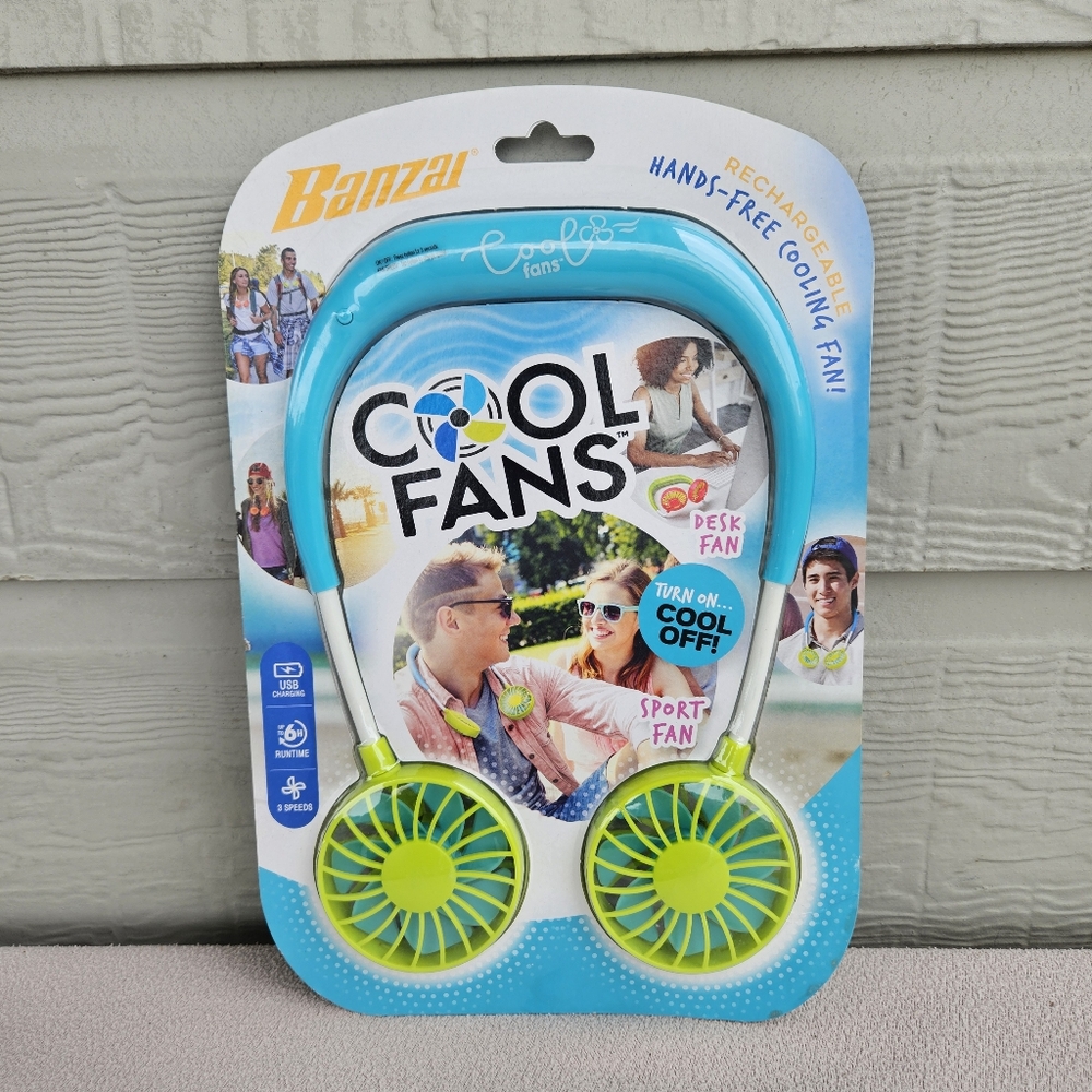 Banzai Cool Fans Personal Rechargeable Electric Wearable Hands-Free Cooling Blue